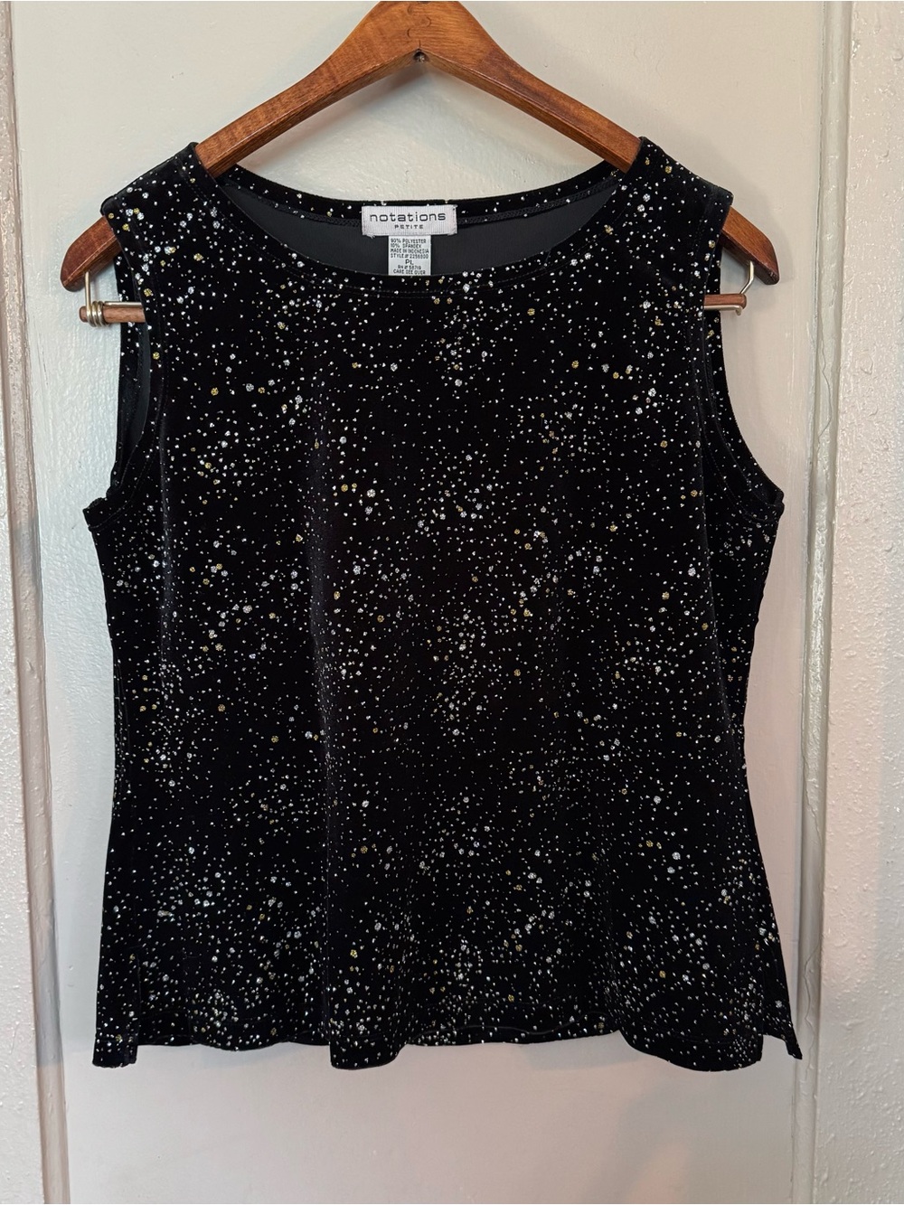 Elegant Crushed Velvet Womens 10P Sleeveless Blouse Black & Gold Glittery Vintag